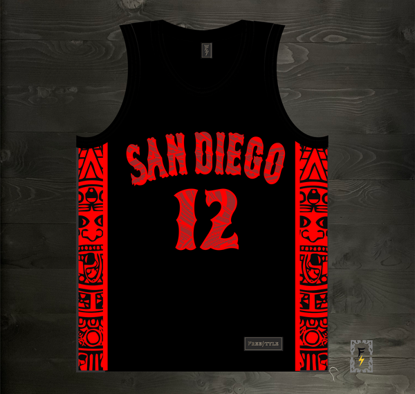 24-3002m TRAMMELL #12 State Inspired San Diego Black Red Tribal Aztec Hieroglyphics- MADE TO ORDER