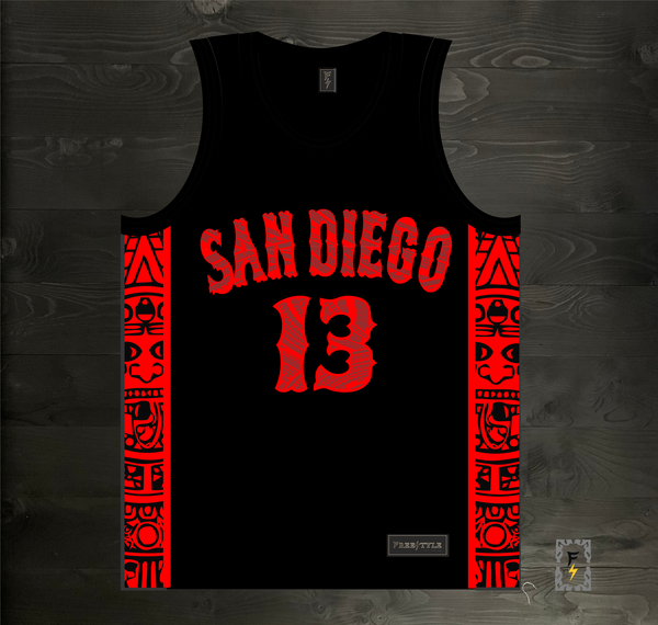24-3002m LeDEE #13 State Inspired San Diego Black Red Tribal Aztec Hieroglyphics- MADE TO ORDER