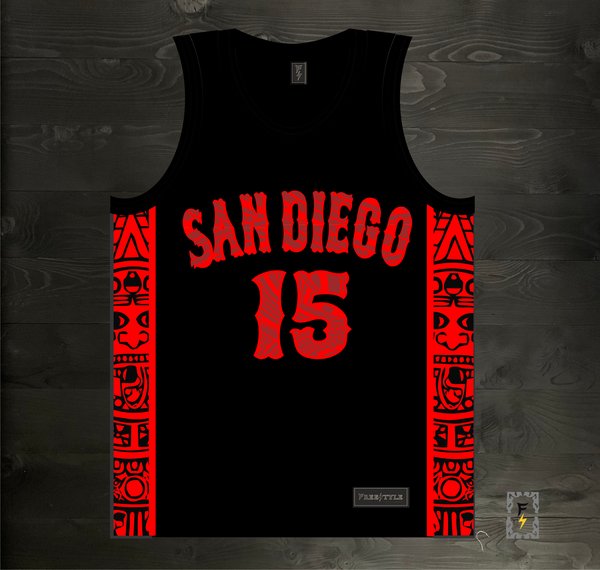 24-3002m KAWHI #15 State Inspired San Diego Black Red Tribal Aztec Hieroglyphics- MADE TO ORDER
