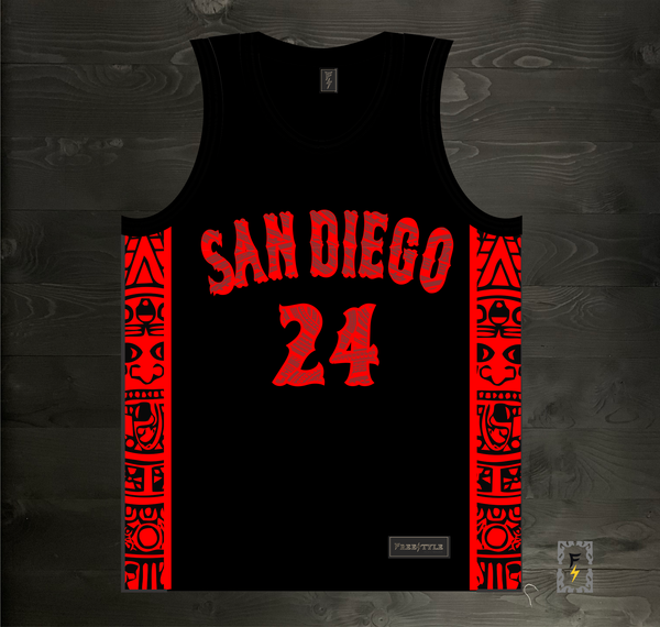 24-3002m GWYNN #24 State Inspired San Diego Black Red Tribal Aztec Hieroglyphics- MADE TO ORDER