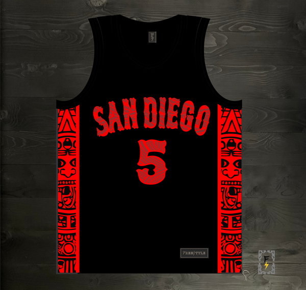 24-3002m BUTLER #5 State Inspired San Diego Black Red Tribal Aztec Hieroglyphics- MADE TO ORDER