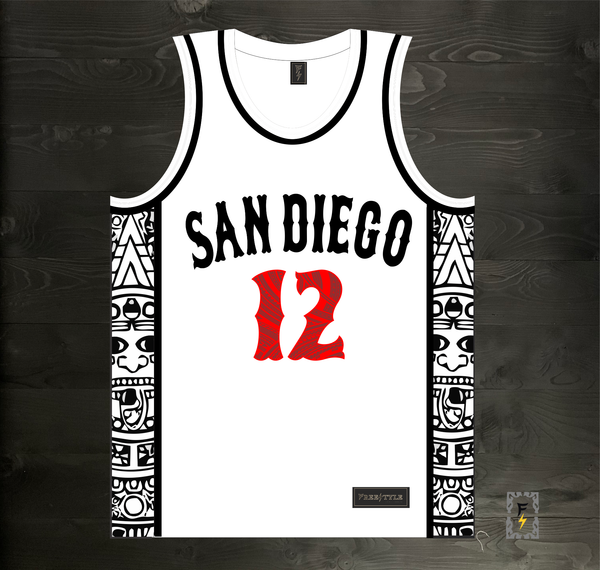 24-3003m TRAMMELL #12 State Inspired San Diego White Black Tribal Aztec Hieroglyphics- MADE TO ORDER
