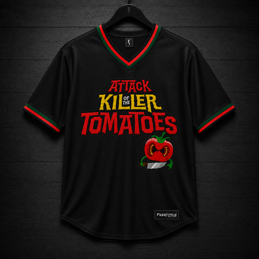 V-105m Attack of the Killer Tomatoes Black Baseball Jersey - PRE-ORDER