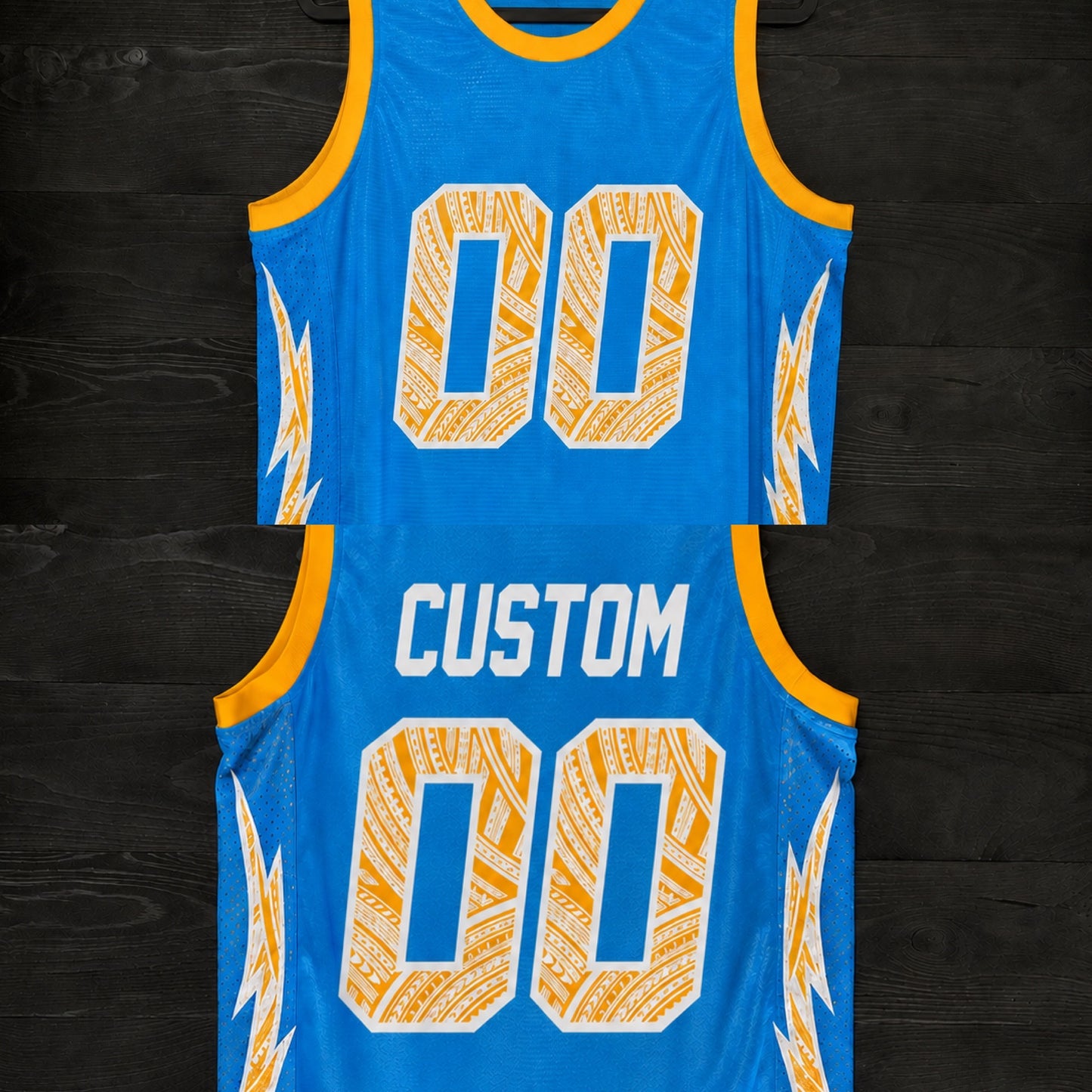 B-001m CUSTOM Name and # Powder White Yellow Gold Tribal Basketball Jersey - MADE TO ORDER