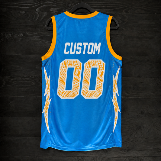 B-001m CUSTOM Name and # Powder White Yellow Gold Tribal Basketball Jersey - MADE TO ORDER