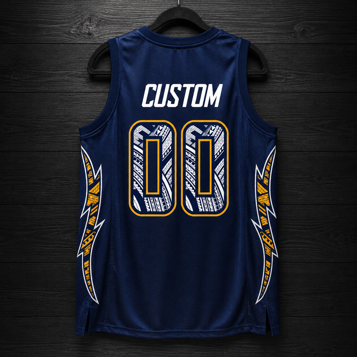 B-022m CUSTOM Name and # Navy White Yellow Gold Tribal Basketball Jersey - MADE TO ORDER