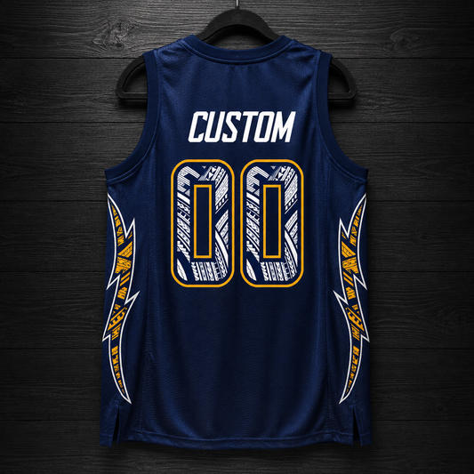 B-022m CUSTOM Name and # Navy White Yellow Gold Tribal Basketball Jersey - MADE TO ORDER