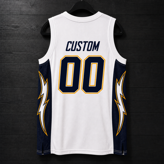 B-032m CUSTOM Name and # White Navy Yellow Gold Basketball Jersey - MADE TO ORDER