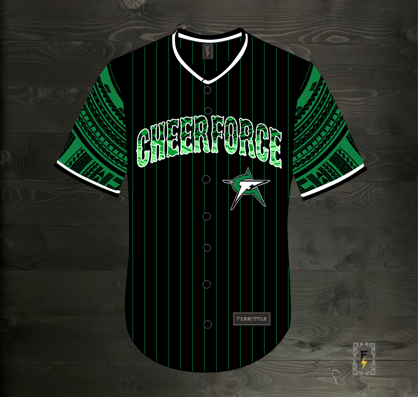 24-9045m CUSTOM # CHEERFORCE Black Green Pinstripes Baseball- MADE TO ORDER