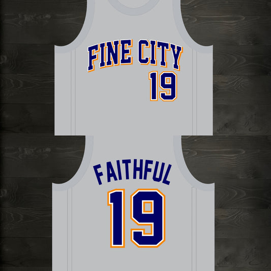 A-013m FAITHFUL #19 - FINE CITY Gray Navy Orange Basketball Jersey ALL SIZES - MADE ORDER