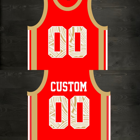 N-0480m CUSTOM Red Gold Tribal Jersey ALL SIZES- MADE ORDER