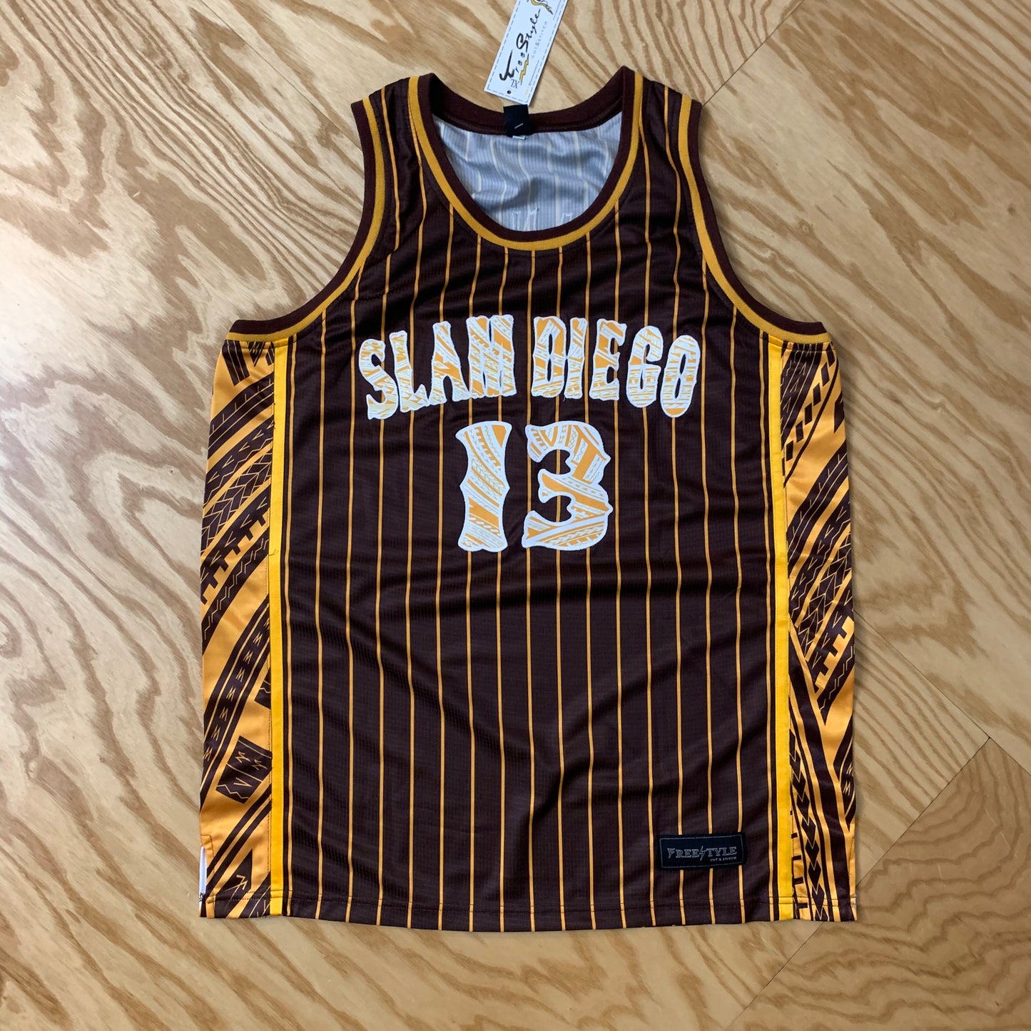A-060 Fine City Friars Tribalz SLAM DIEGO Brown Yellow Pinstripes #13 MAN-UP