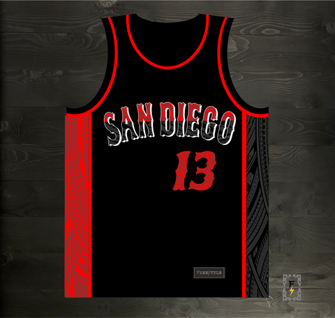 State Inspired Baseball Jersey in Black Red #19 FINE CITY – Free Style Cut  & Stitch