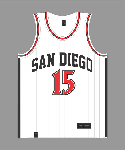 State Inspired Basketball Jersey in White and Black Pinstripes #15 KAWHI
