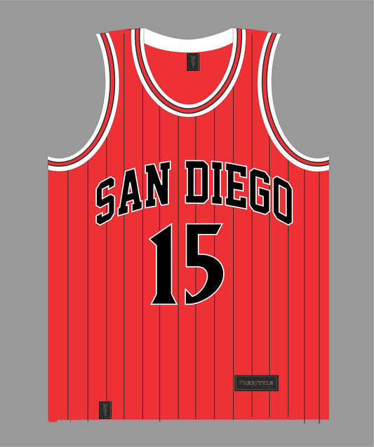 State Basketball Jersey in Red w Black Pinstripes #15 KAWHI