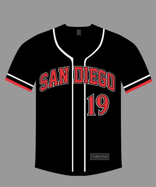 State Inspired Baseball Jersey in Black Red #19 FINE CITY