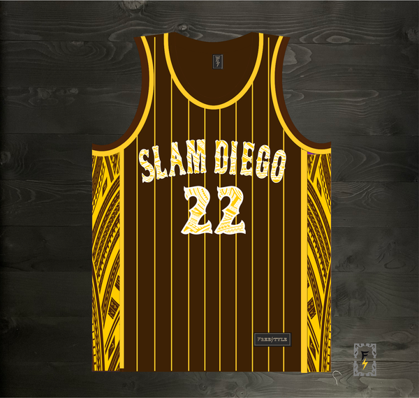 21-1009m SOTO #22 SLAM DIEGO Tribalz Brown Yellow Pinstripes - MADE TO ORDER