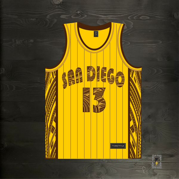 22-2104m MACHADO #13 San Diego Tribalz Yellow Gold Brown Pinstripes - MADE TO ORDER