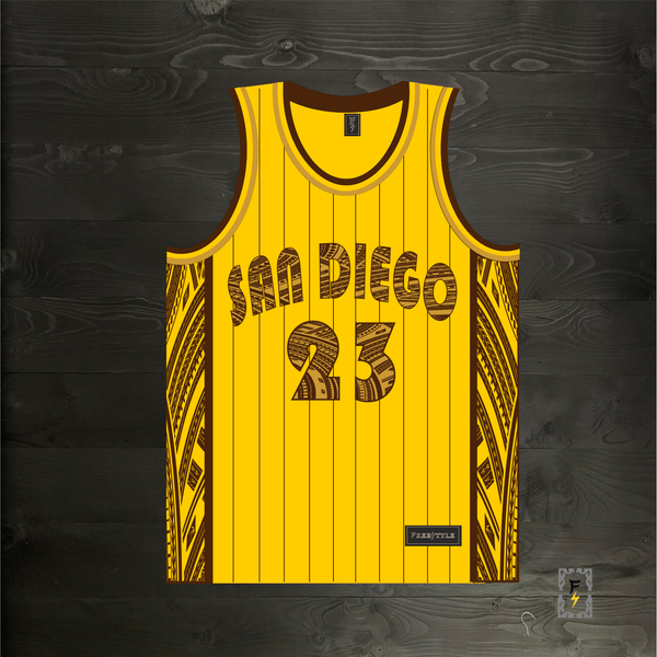 22-2104m TATIS JR. #23 San Diego Tribalz Yellow Gold Brown Pinstripes - MADE TO ORDER