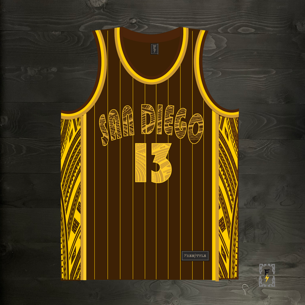 22-2106m MACHADO #13 San Diego Tribalz Brown Gold Yellow Pinstripes - MADE TO ORDER