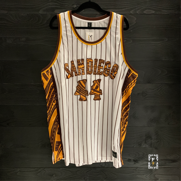 21-1008a MUSGROVE #44 San Diego Tribalz White Pinstripes Yellow Brown - Available Stock